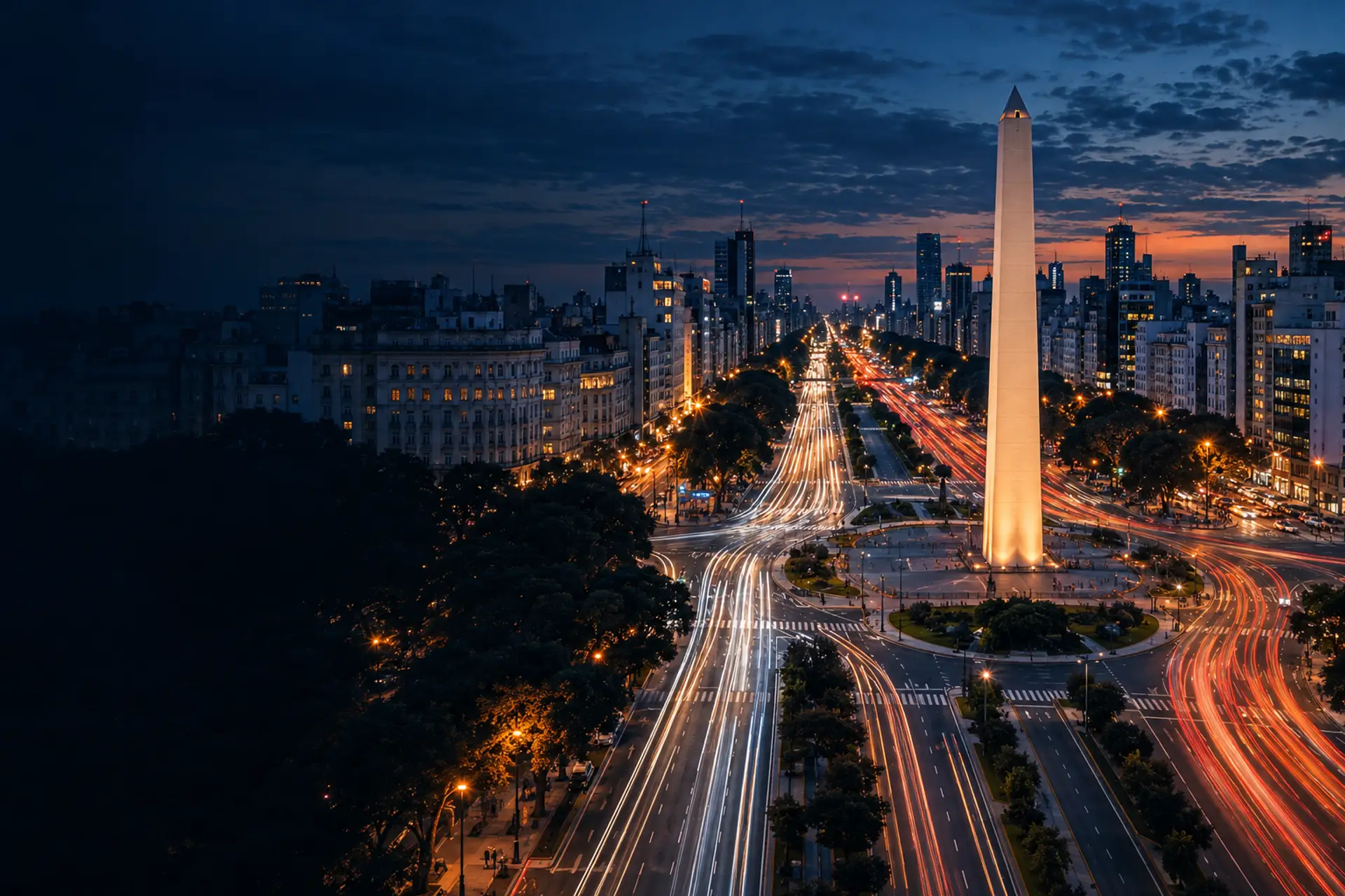 Obelisco de Buenos Aires ao anoitecer