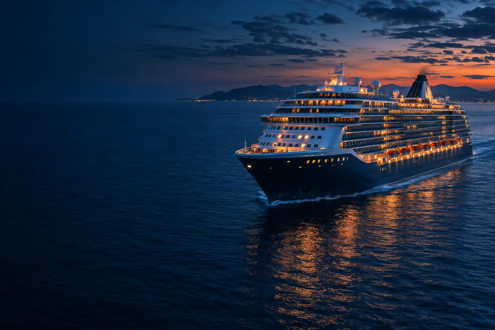 Navio de cruzeiro iluminado no mar