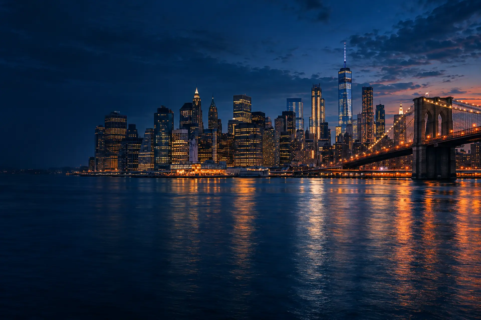 Manhattan vista do Brooklyn ao anoitecer