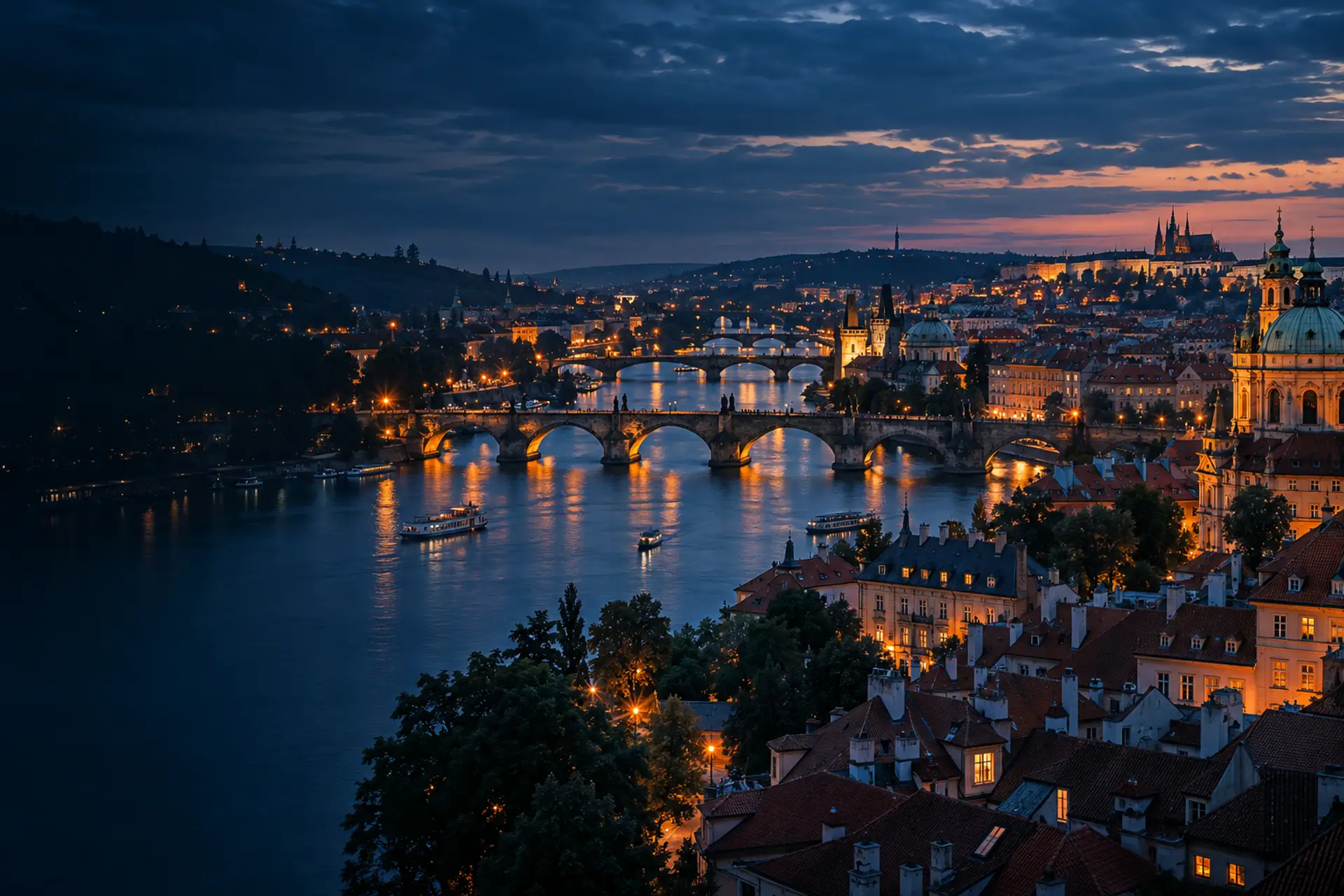Pontes e telhados de Praga ao anoitecer