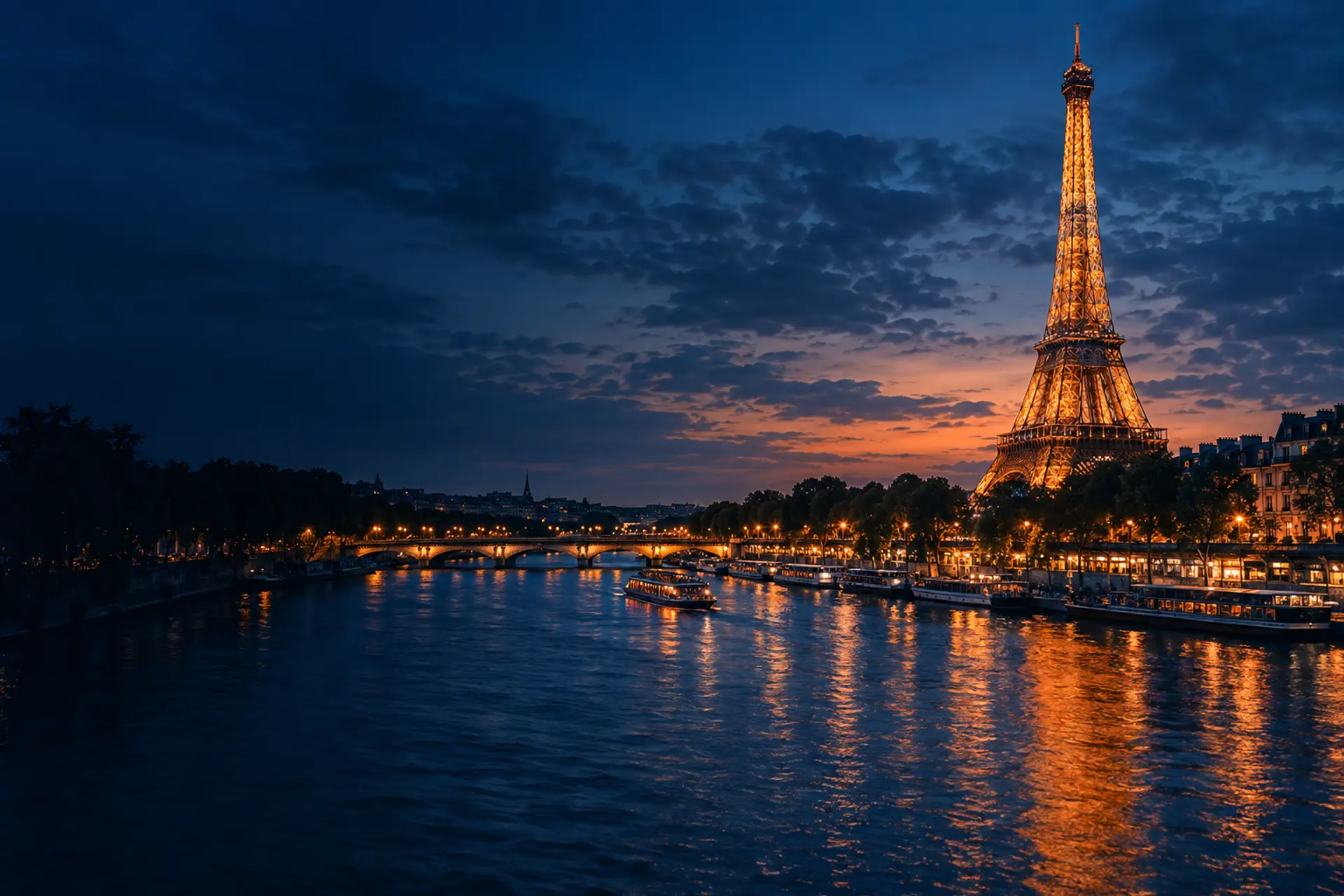 Torre Eiffel e o rio Sena em Paris ao anoitecer