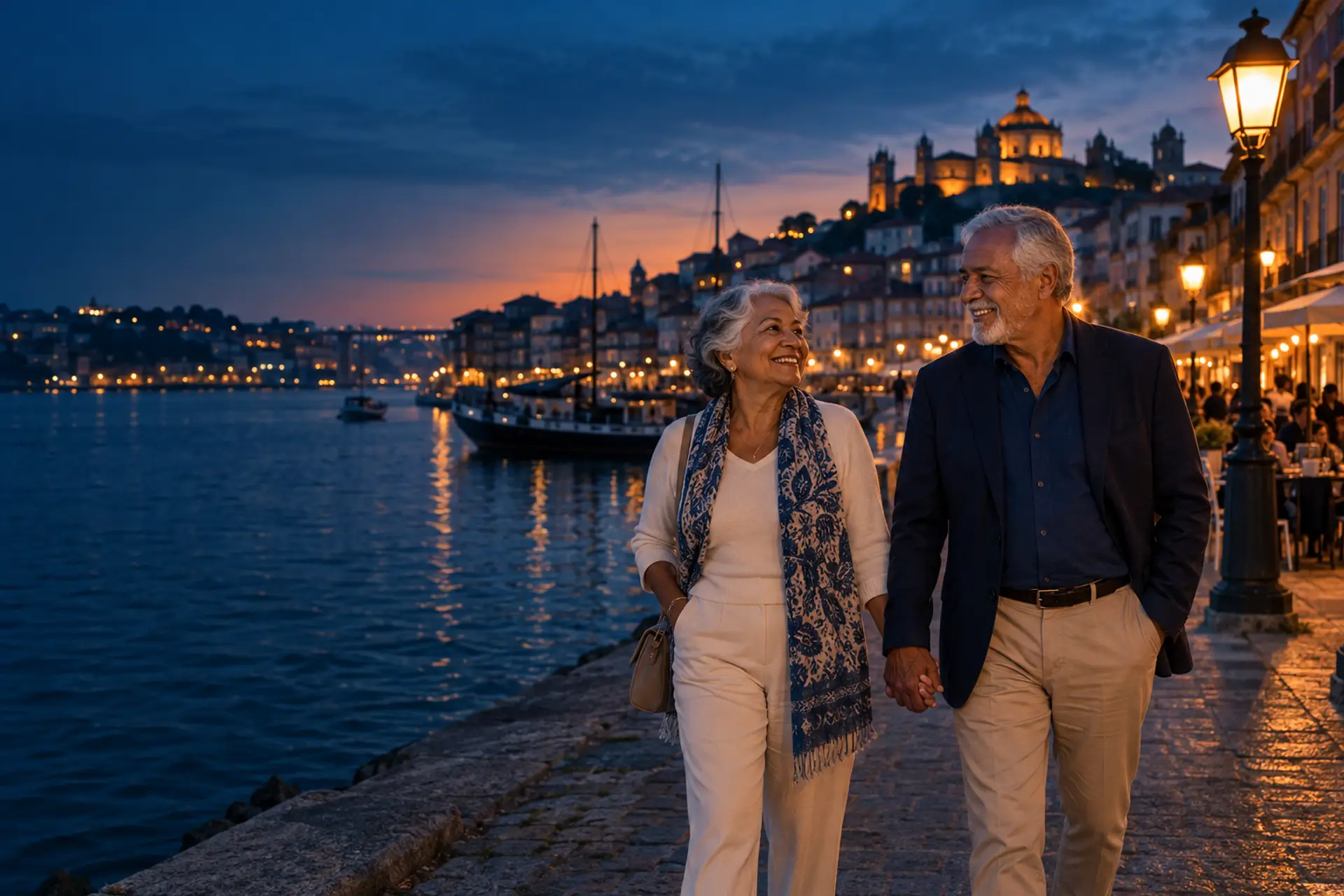 Casal de idosos passeando à beira-mar