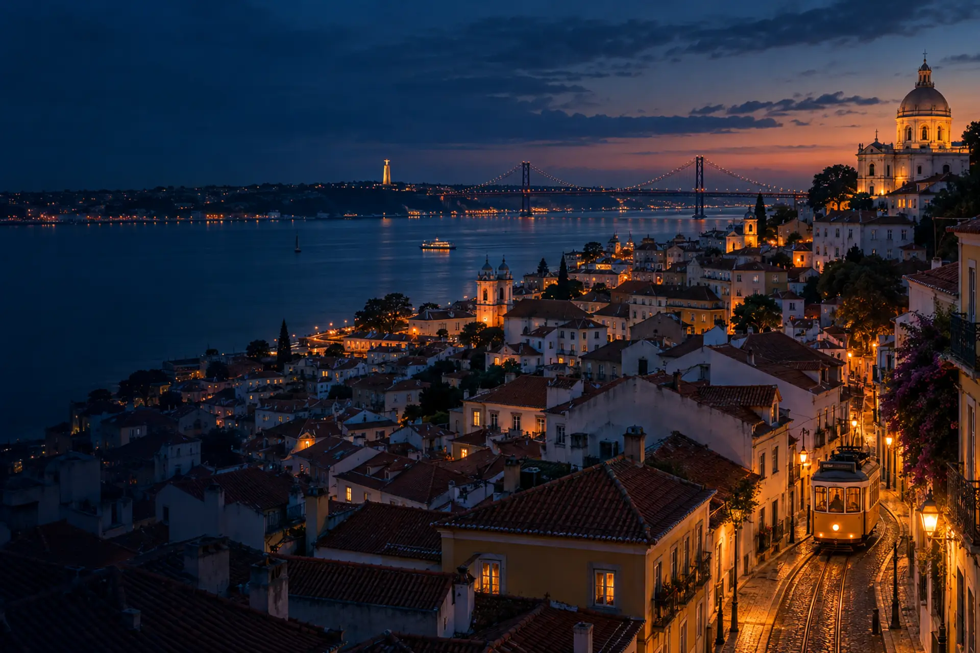 Lisboa e a ponte 25 de Abril ao anoitecer